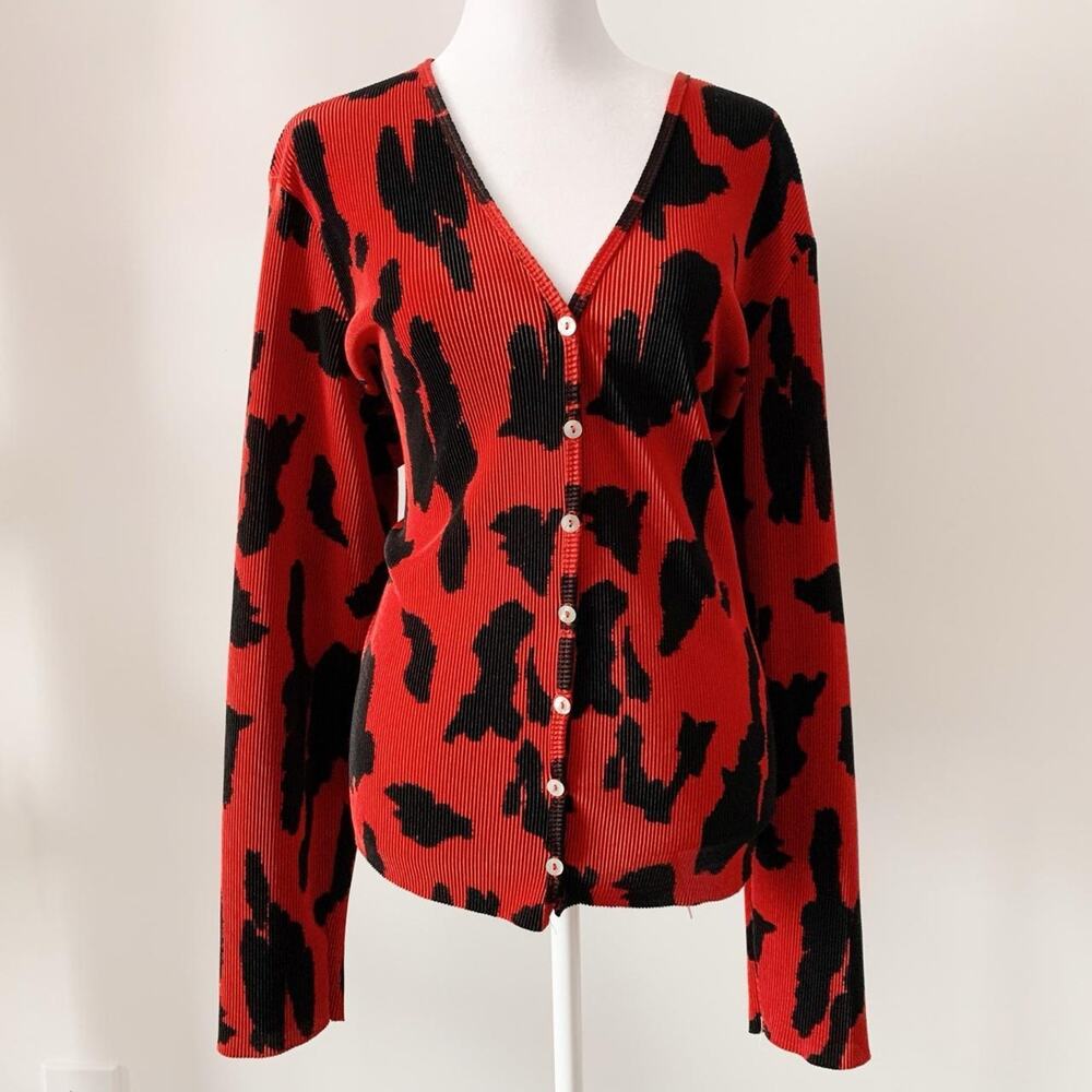 Vintage Christie & Jill Red Black Abstract Leopard Cardigan Size XL